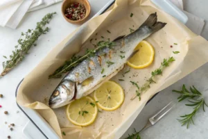 Whole baked branzino with lemon and herbs, a healthy and flavorful dish.