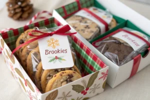 Brookie gift packaging featuring seasonal decorations and personalized labels