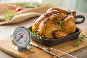 Using a meat thermometer to ensure chicken tenderness.