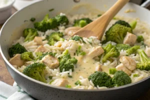 Mixing chicken broccoli rice casserole