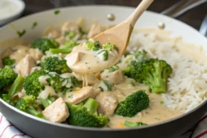 Mixing creamy chicken broccoli rice casserole