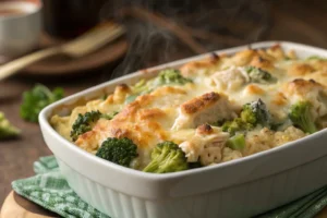 Baked chicken broccoli rice casserole with melted cheese.