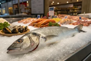 Fresh branzino on ice at a market, ready to be prepared.