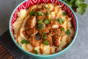 Creative KFC boneless chicken and mashed potato bowl with sriracha mayo