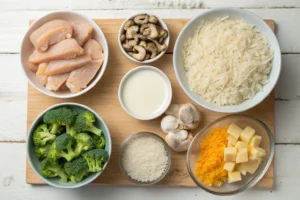 Chicken broccoli rice casserole ingredients: chicken, broccoli, rice, cheese.