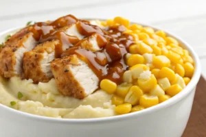 KFC Famous Bowl with boneless chicken and mashed potatoes