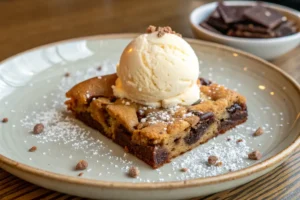 Assembled brookie served with ice cream and sea salt.