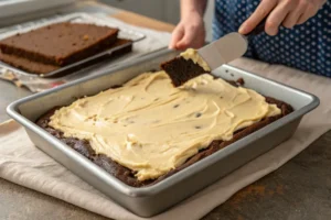 Spreading cookie dough over the brownie layer when assembling a brookie.