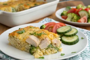 Serving suggestion for beautifullychicken broccoli rice casserole.