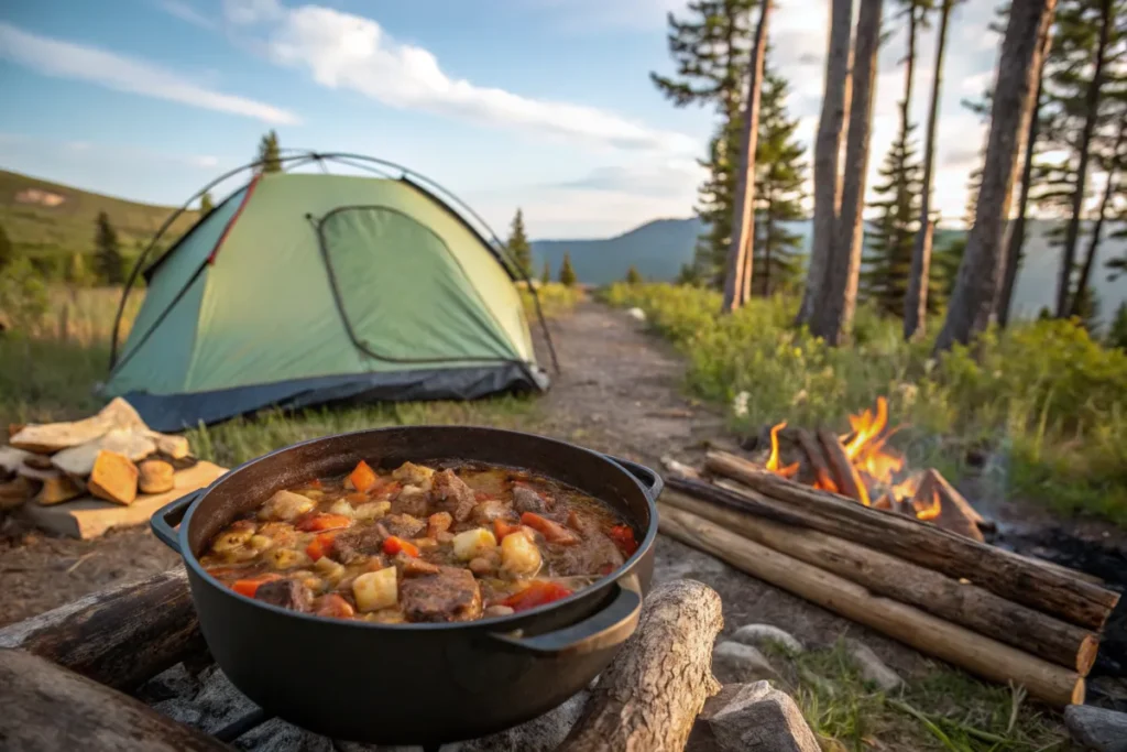 A variety of Dutch oven camping recipes featuring hearty stews, casseroles, and baked dishes, perfect for outdoor cooking.