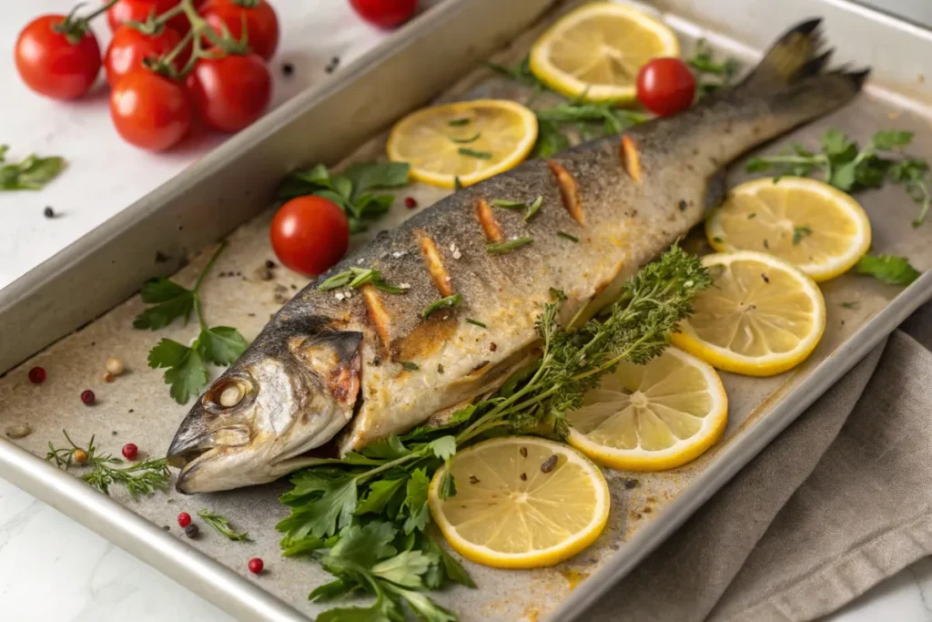 Branzino Recipe Roasted branzino with lemon and herbs.