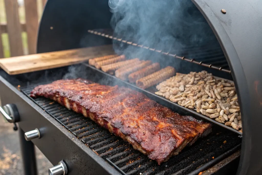 Close-up of back ribs smoking on a Traeger recipes grill.