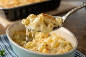 Spoon lifting creamy mac and cheese yuuum