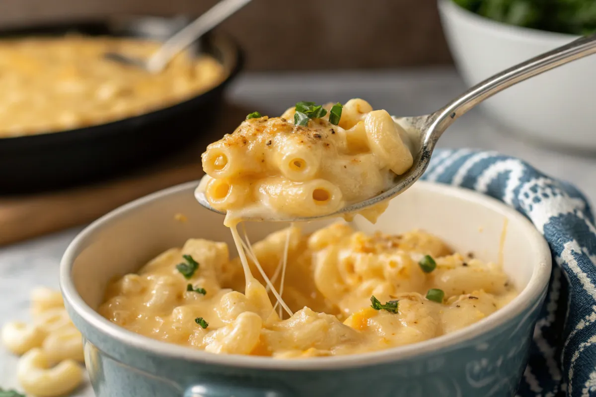 Tini's mac and cheese recipe Spoon lifting creamy mac and cheese