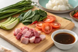  Various sinigang ingredients arranged on a cutting board.