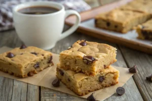 Close-up of freshly baked blondies on a rustic wooden table with coffee