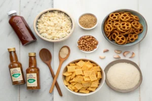 Ingredients for oven-baked Chex Mix