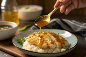 Collage of teriyaki, lemon-herb, and spicy peanut chicken and rice dishes