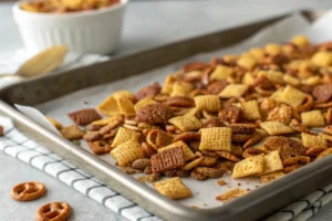 Mixing Chex Mix ingredients with seasoning