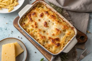 Baked mac and cheese with golden crust 