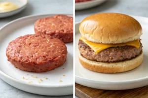 Close-up shot of a juicy burger patty 