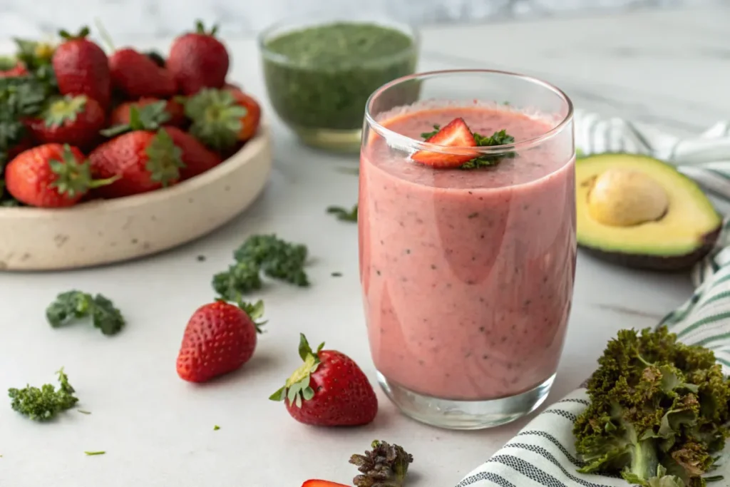 What was in the Hailey Bieber smoothie? Close-up of a freshly blended Hailey Bieber smoothie, with visible ingredients."