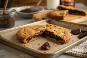 Freshly baked viral crookie with a crispy outer layer and gooey brownie center, cut in half to show the rich filling