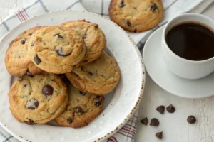 A plate of perfectly stacked crookies with a golden cookie crust and gooey centers, served with a cup of coffee