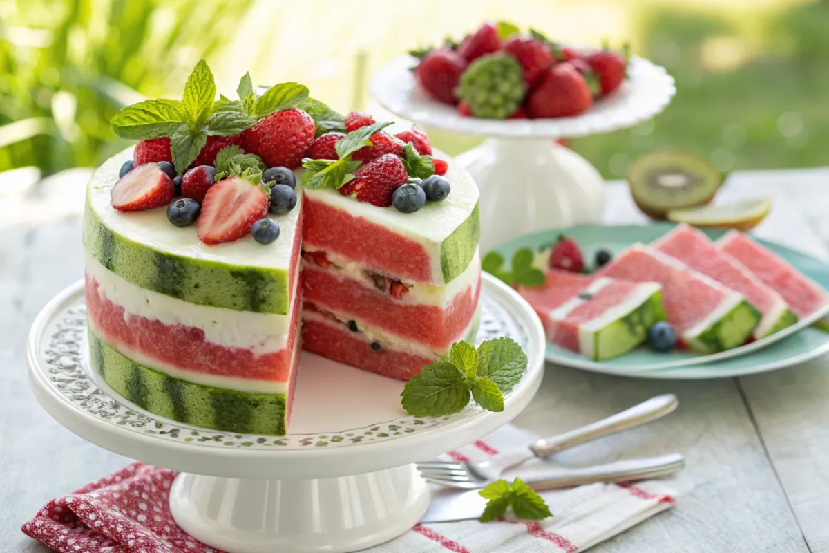 How do you cut a watermelon for a watermelon cake? Finished watermelon cake with yogurt topping and fresh fruits