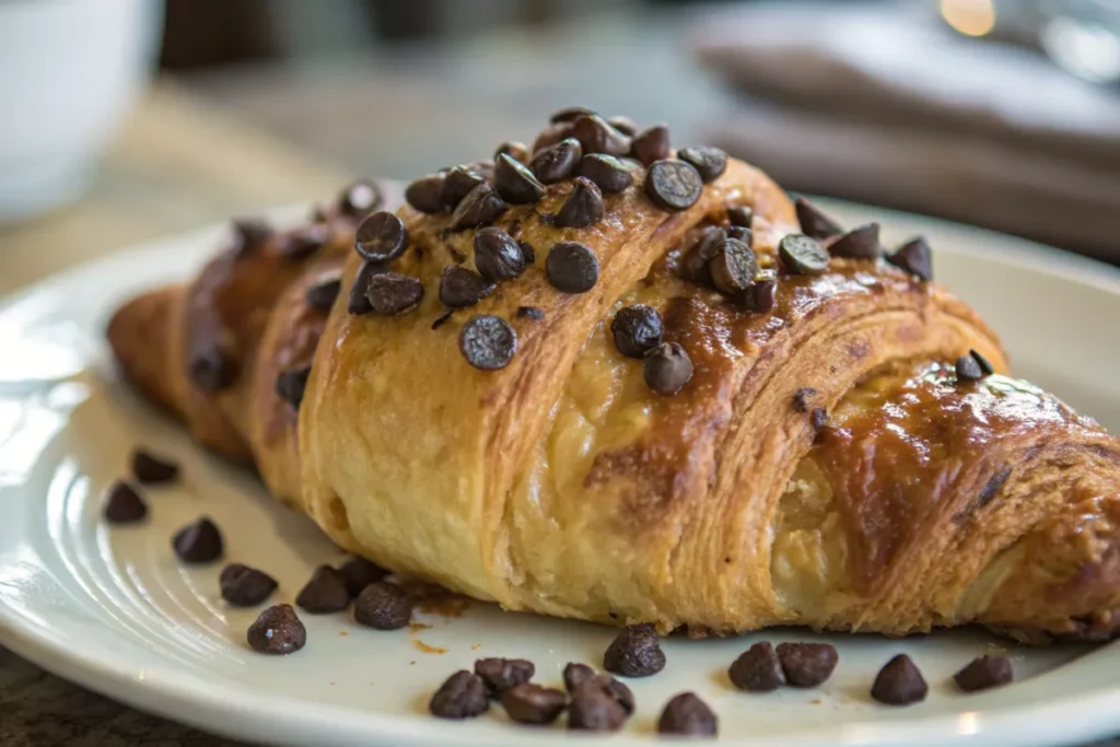 A close-up of a golden, flaky croissant topped with crookies recipe, with a slightly crispy texture and a natural look.