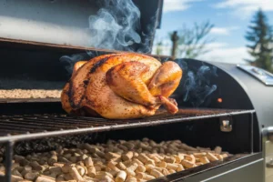 Traeger recipes whole chicken on the grill with crispy skin and smoke.