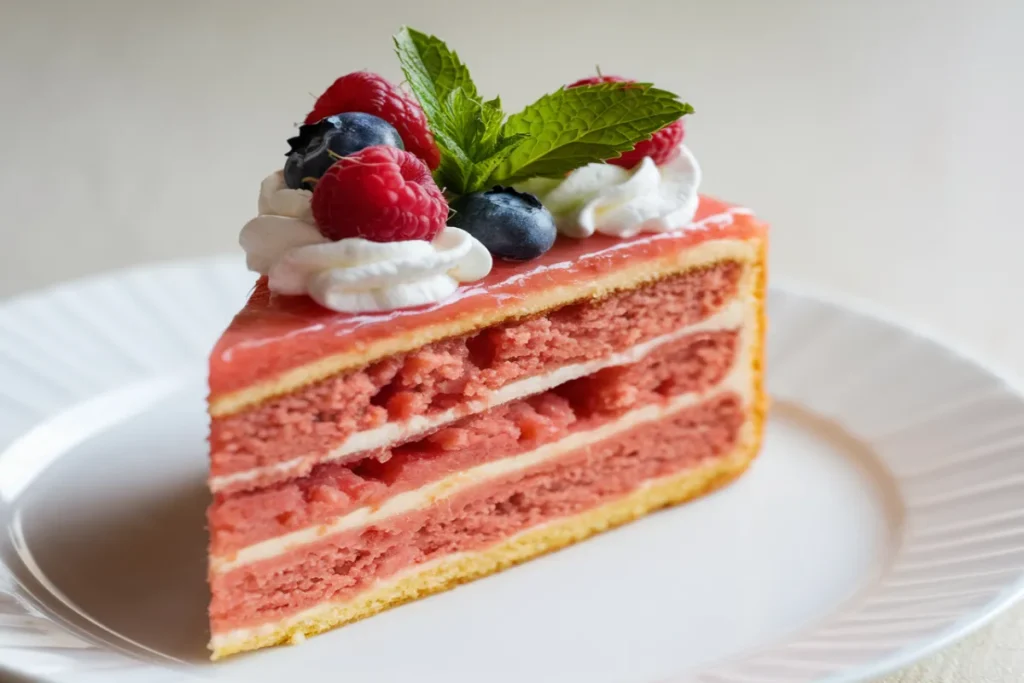 Close-up of a slice of watermelon cake with whipped cream and fresh berries.