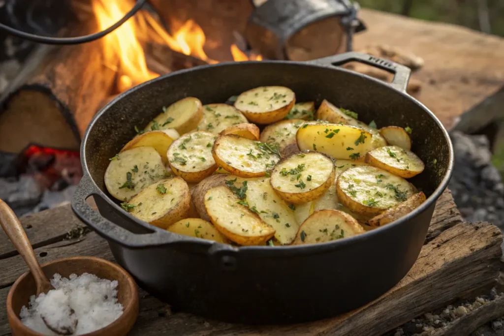 A close-up of Dutch oven campfire potatoes, featuring crispy golden potato slices with melted cheese, herbs, and seasoning, cooked to perfection.