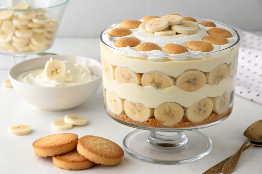 Fully garnished Magnolia Banana Pudding Recipe.