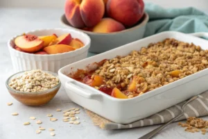 Fresh peach crumble ingredients and preparation steps.