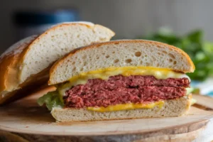 Freshly baked sourdough hamburger buns with a golden crust, perfect for burgers or sandwiches.