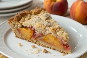 A golden, classic old-fashioned peach crumble recipe in a dish.