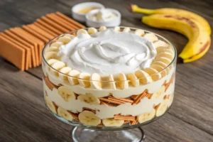 Fully garnished Magnolia Banana Pudding Recipe.