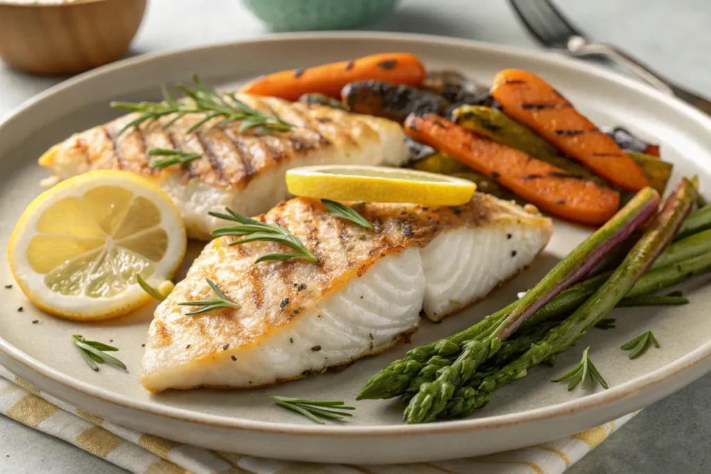 Rockfish Recipes Grilled rockfish fillets with lemon and herbs, served with roasted vegetables-rockfish cooking ideas-