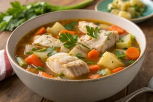 Rockfish stew with vegetables and fresh parsley garnish 