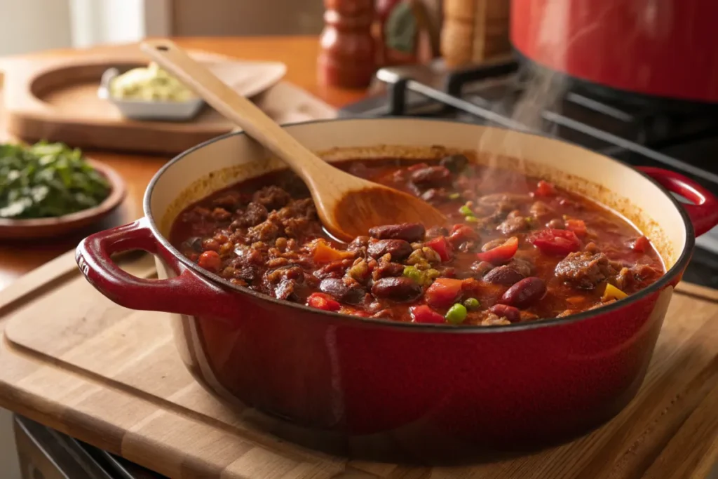 Dutch Oven Chili Recipe A hearty Dutch oven chili served in a rustic pot, filled with ground beef, beans, tomatoes, and spices, topped with fresh cilantro.