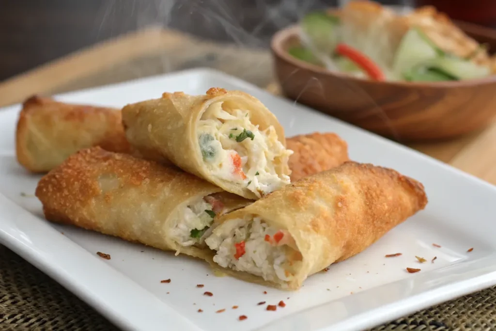 Crab Rangoon Egg Rolls with crispy wrappers and dipping sauce