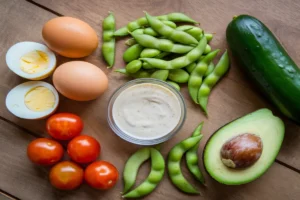 Colorful Edamame Egg Salad with fresh vegetables, hard-boiled eggs, and a light dressing.