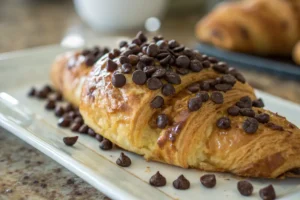 A close-up of a golden, flaky croissant topped with crookies recipe, with a slightly crispy texture and a natural look.