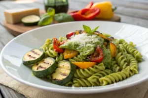 Fusilli pasta with pesto and grilled vegetables