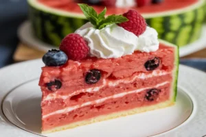 A close-up shot of a slice of watermelon cake, showcasing its vibrant pink layers, topped with fresh mint leaves and sliced strawberries. 