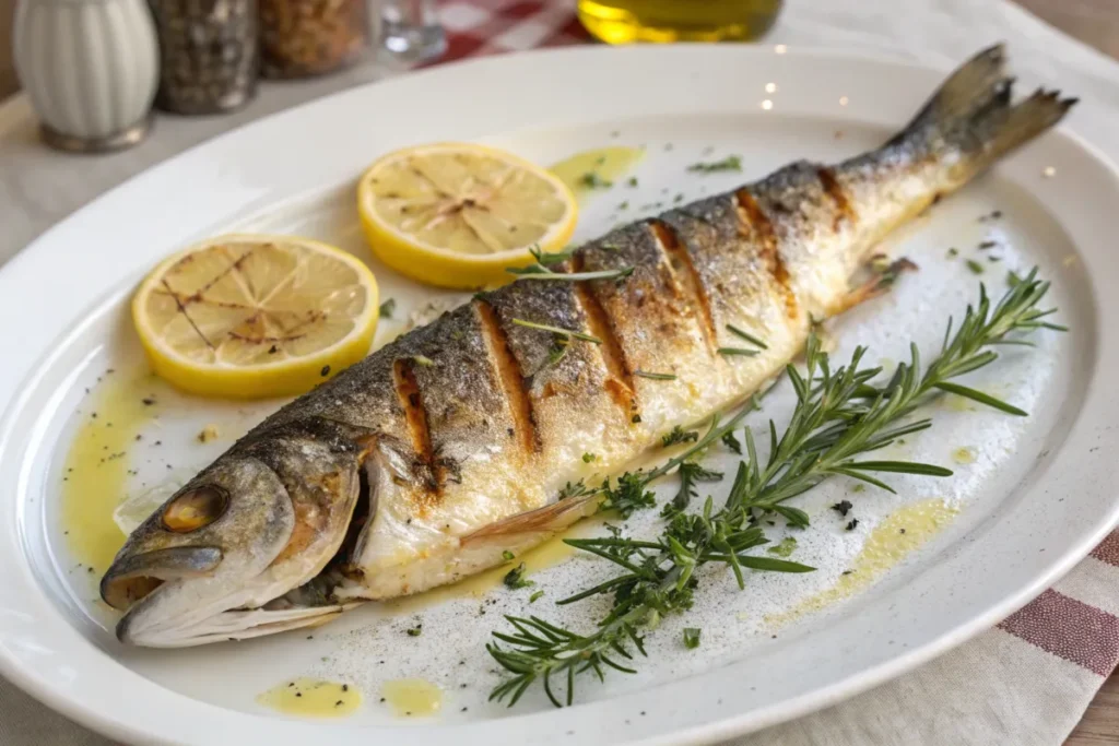 What kind of fish is Branzino. Mediterranean seafood platter with Branzino, shrimp, and mussels