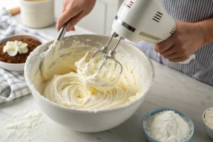 Mixing American Buttercream frosting with a hand mixer