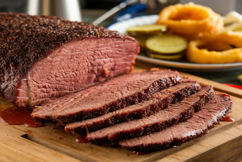 Traeger brisket recipes on a cutting board with tender pink interior and juicy slices."