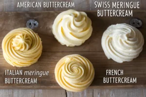 A high-resolution image of various buttercream types displayed on a rustic wooden surface. American buttercream is thick and piped into swirls, Swiss meringue buttercream is smooth and glossy, Italian meringue buttercream is silky and textured, and French buttercream is creamy with a golden hue. Each type is labeled for clarity.